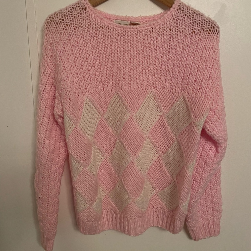 Forindi Vintage 80’s Soft Pink and Cream Diamond Sweater Size M Lightweight - Picture 2 of 7